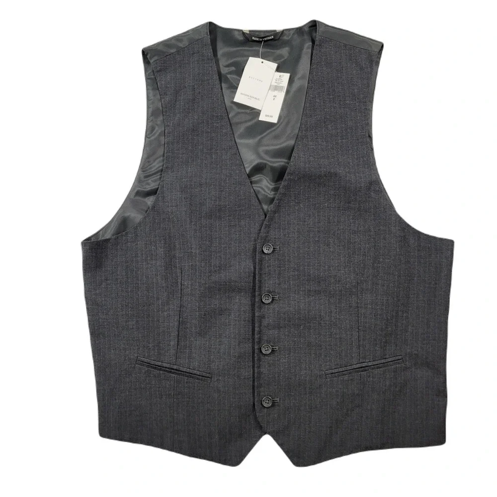 Banana Republic Suit Vest Mens 44R Large Grey Stripe Cotton‎ NEW